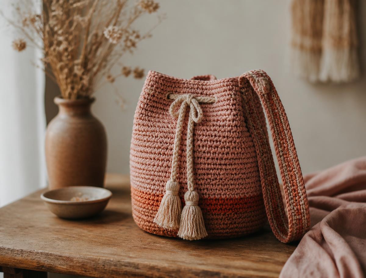 Bolsa de crochê em fio rosa antigo sobre mesa rústica de madeira